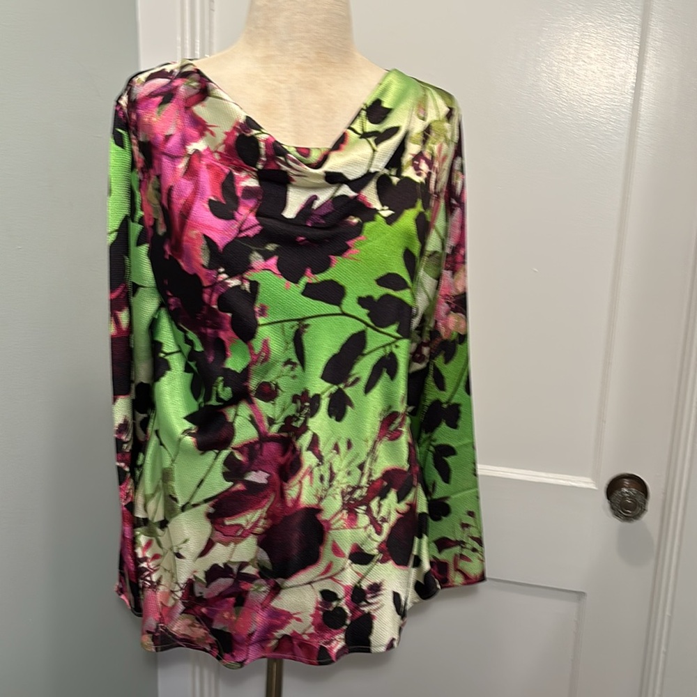 Natori Cowl Neck Green Purple Floral Textured Satin Top Size Large